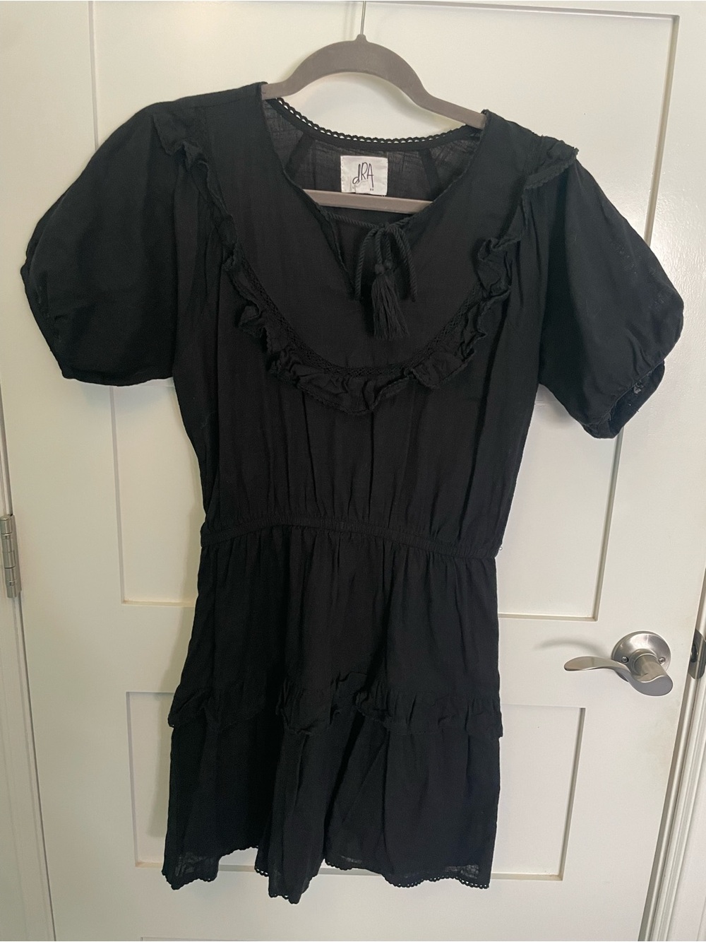 dRA Black Ruffle-Tier Mini Dress with Tassel Tie